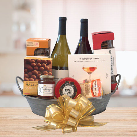 Charcuterie gift basket, calgary gift basket, alberta, wine, cheese, chocolate, olives, chocolate bark, wine, spritzer non-alcoholic substitute available 