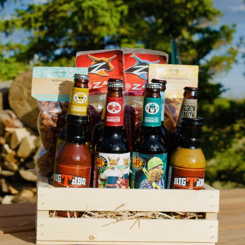local beer gift basket wooden crate beef jerky nut mixes calgary gift basket delivery