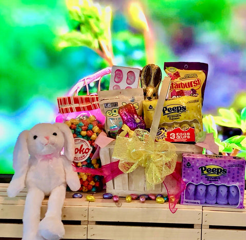Easter gift basket, chocolate calgary gift basket featuring all your easter favorites! Eggies, peeps, chocolate bunnies, calgary gift basket, calgary gift ideas