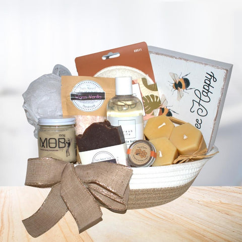 Vanilla and Honey Spa Gift Basket. Local Products. Body Wash, Candles, Honey, Loofa, Bee Sign