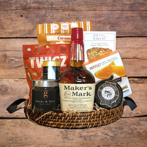 Bourbon Cocktail Gift Basket. Snacks and Bourbon. Meat, cheese, crackers, steak spice, popcorn, pretzels