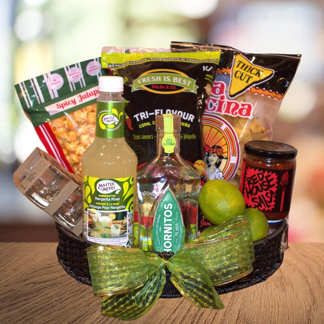 Margarita Gift Basket Calgary Local Products. Chips, Salsa, Tequila, Limes, Margarita Mix, Shot Glasses, Popcorn